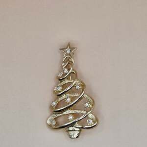 Vintage Gold tone RHINESTONE star Ribbon Potted CHRISTMAS TREE BROOCH PIN